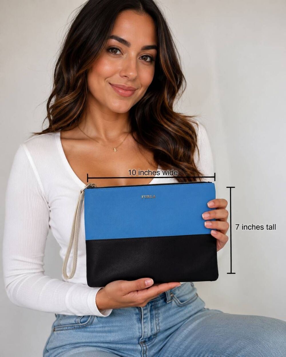 Authentic Furla Colorblock Leather Wristlet Clutch Blue Black Beige 'Read'